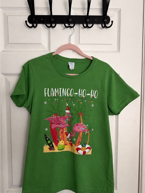 Port and Company Tops - Port and Company Green Flamingo-Ho-Ho Graphic Tee